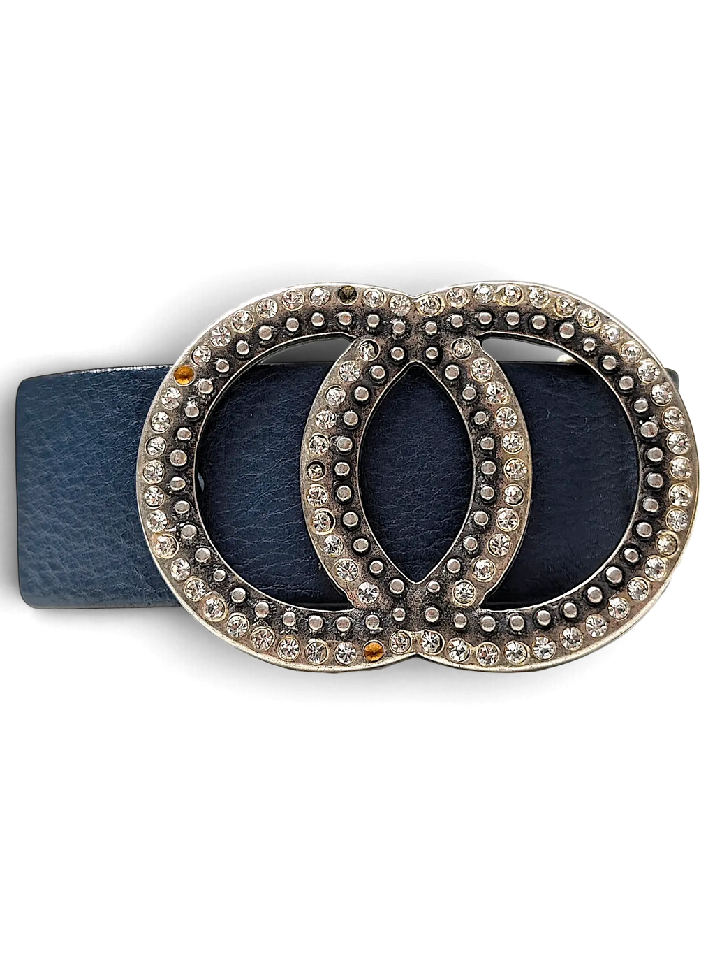 JAKE & IPI Maximilian blue leather belt featuring a large, interlocking circular buckle adorned with clear crystals.