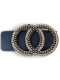 JAKE & IPI Maximilian blue leather belt featuring a large, interlocking circular buckle adorned with clear crystals.