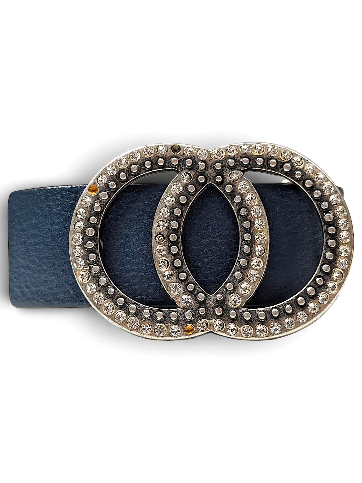 JAKE & IPI Maximilian blue leather belt featuring a large, interlocking circular buckle adorned with clear crystals.