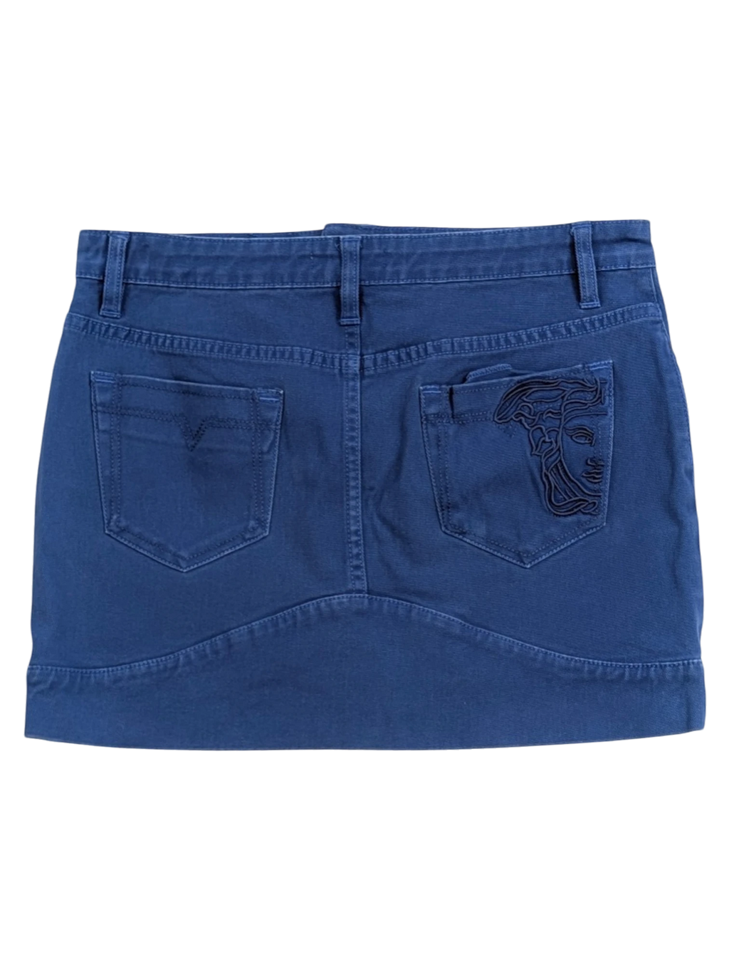 JAKE & IPI blue stretch cotton mini skirt with embroidered Medusa detail on back pocket and gold hardware.