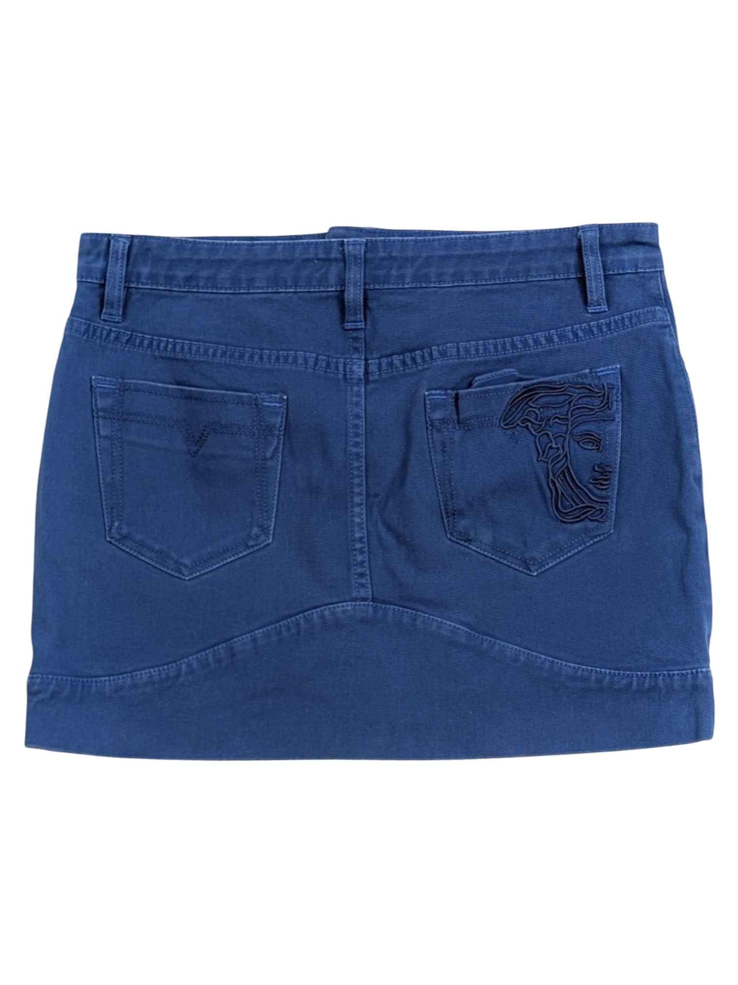 JAKE & IPI blue stretch cotton mini skirt with embroidered Medusa detail on back pocket and gold hardware.