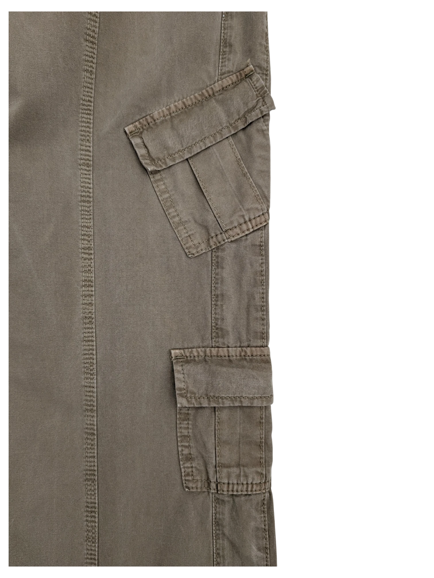 JAKE & IPI brown cotton Y2K cargo pants with multiple pockets and contrast stitching.