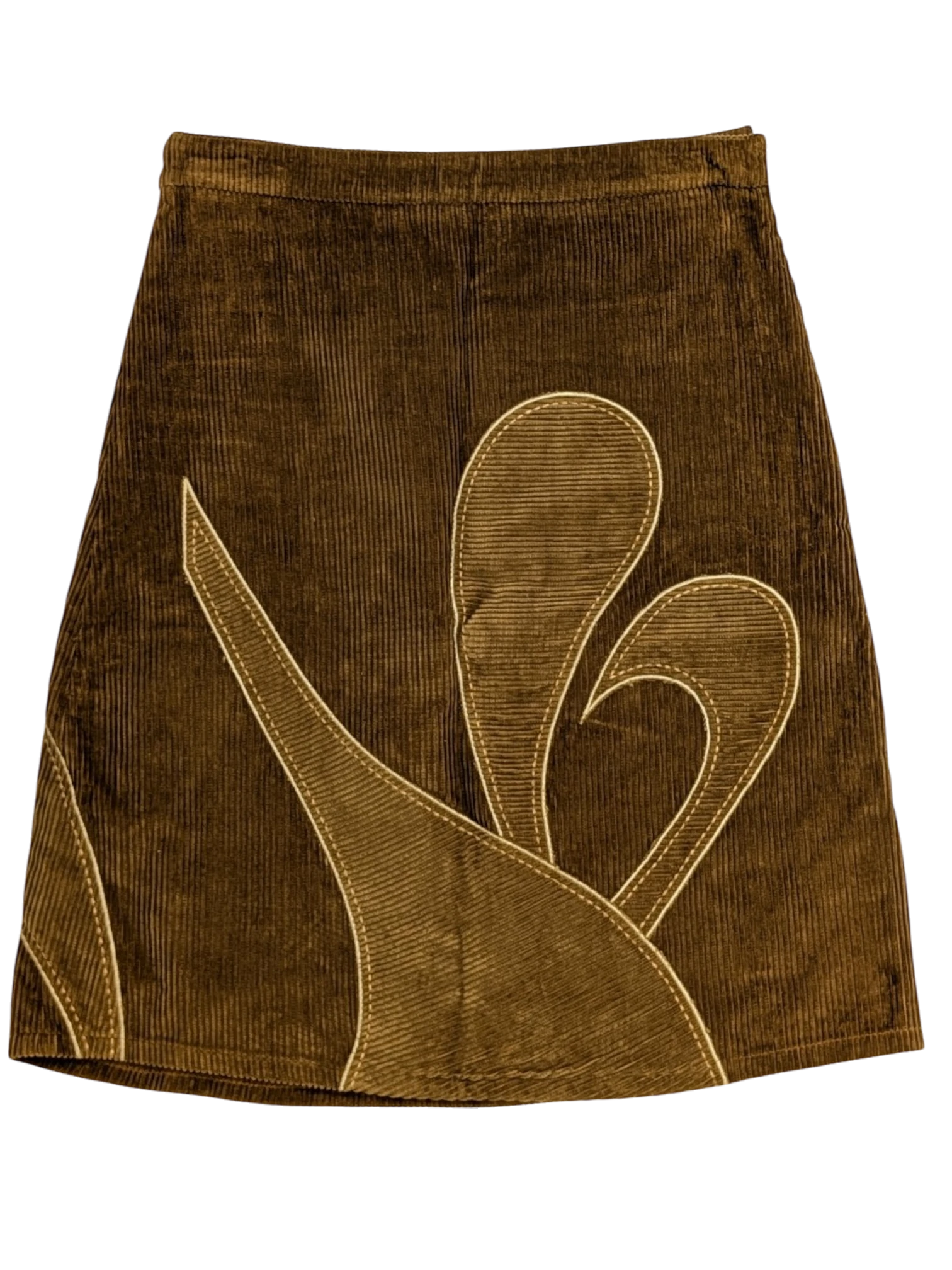 JAKE & IPI brown corduroy mini skirt with tonal appliqué panels and contrast stitching. Y2K era.