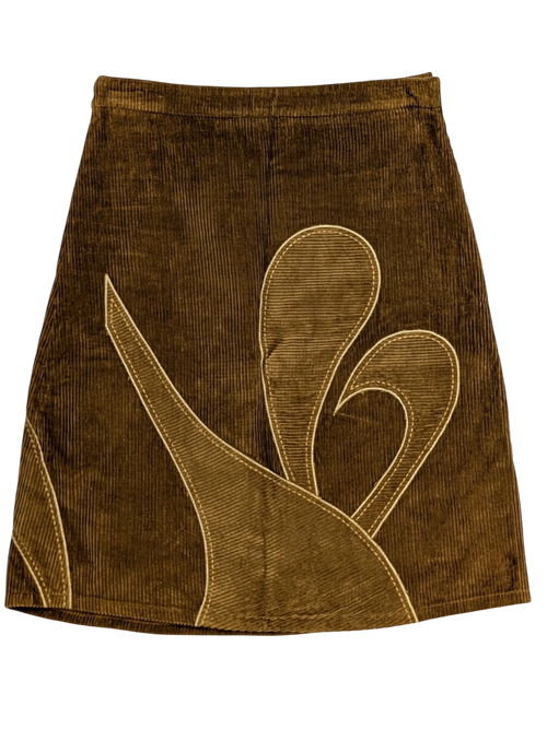 JAKE & IPI brown corduroy mini skirt with tonal appliqué panels and contrast stitching. Y2K era.