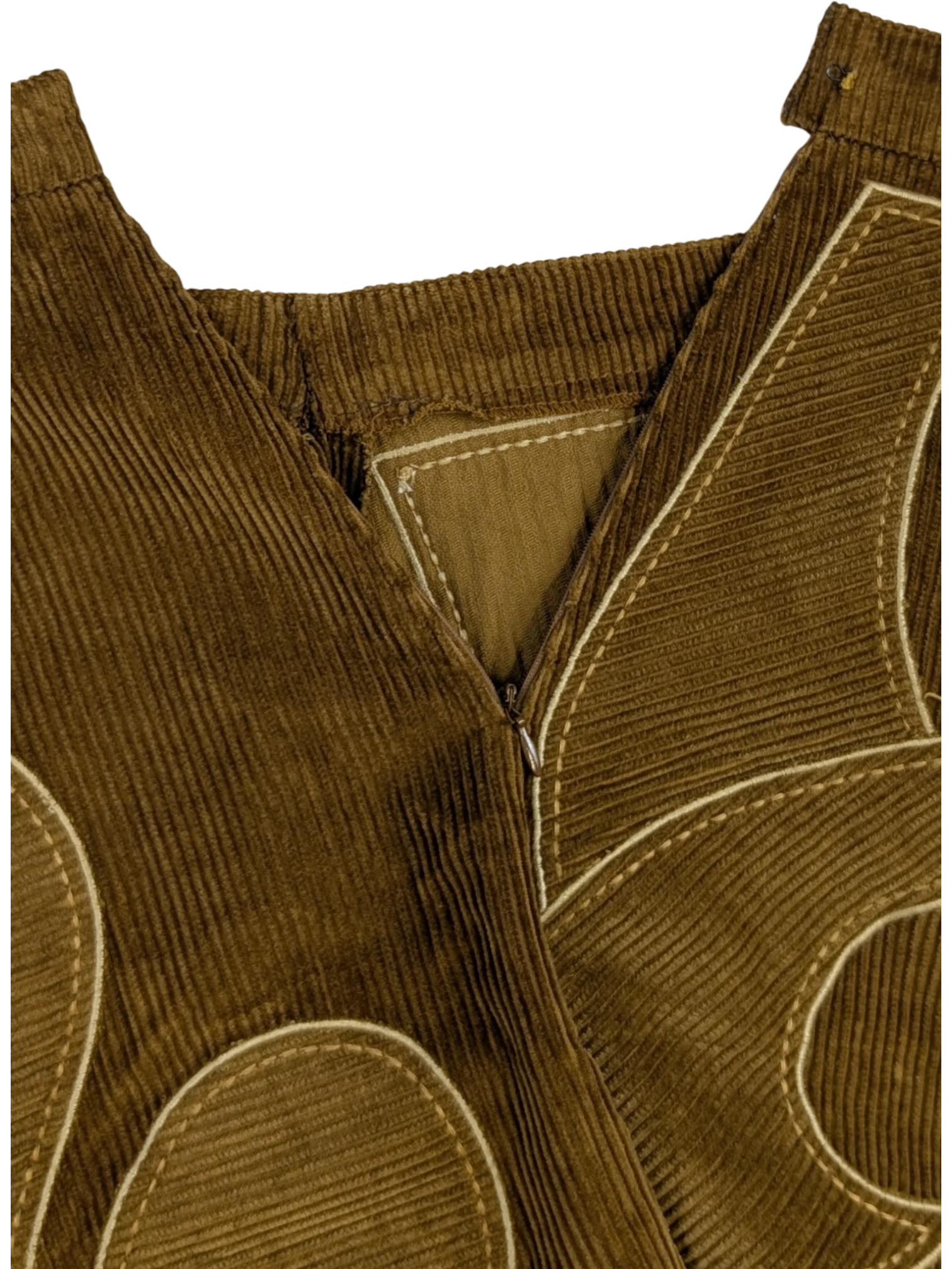 JAKE & IPI brown corduroy mini skirt with tonal appliqué panels and contrast stitching. Y2K vintage.