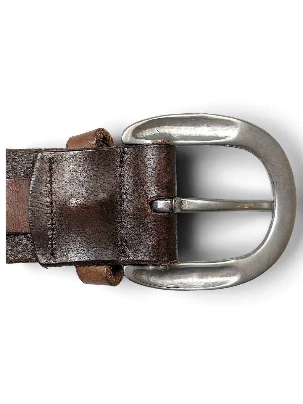 JAKE & IPI brown leather belt featuring a distressed silver-tone metal buckle with a rustic finish.