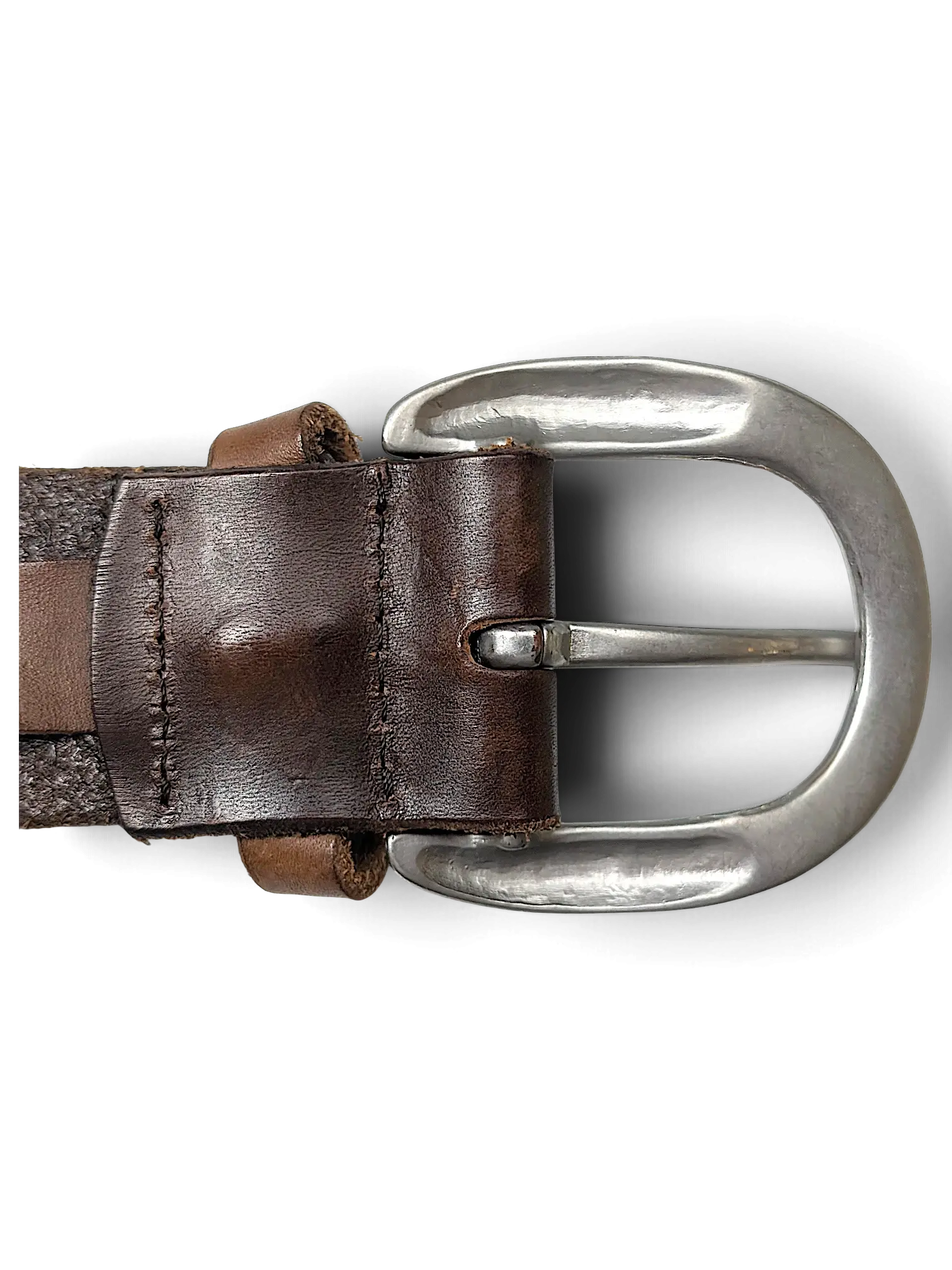 JAKE & IPI brown leather belt featuring a distressed silver-tone metal buckle with a rustic finish.