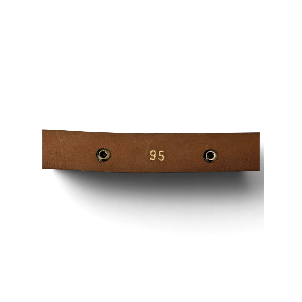 JAKE & IPI brown leather belt interior featuring metal snap studs and size 95 stamp