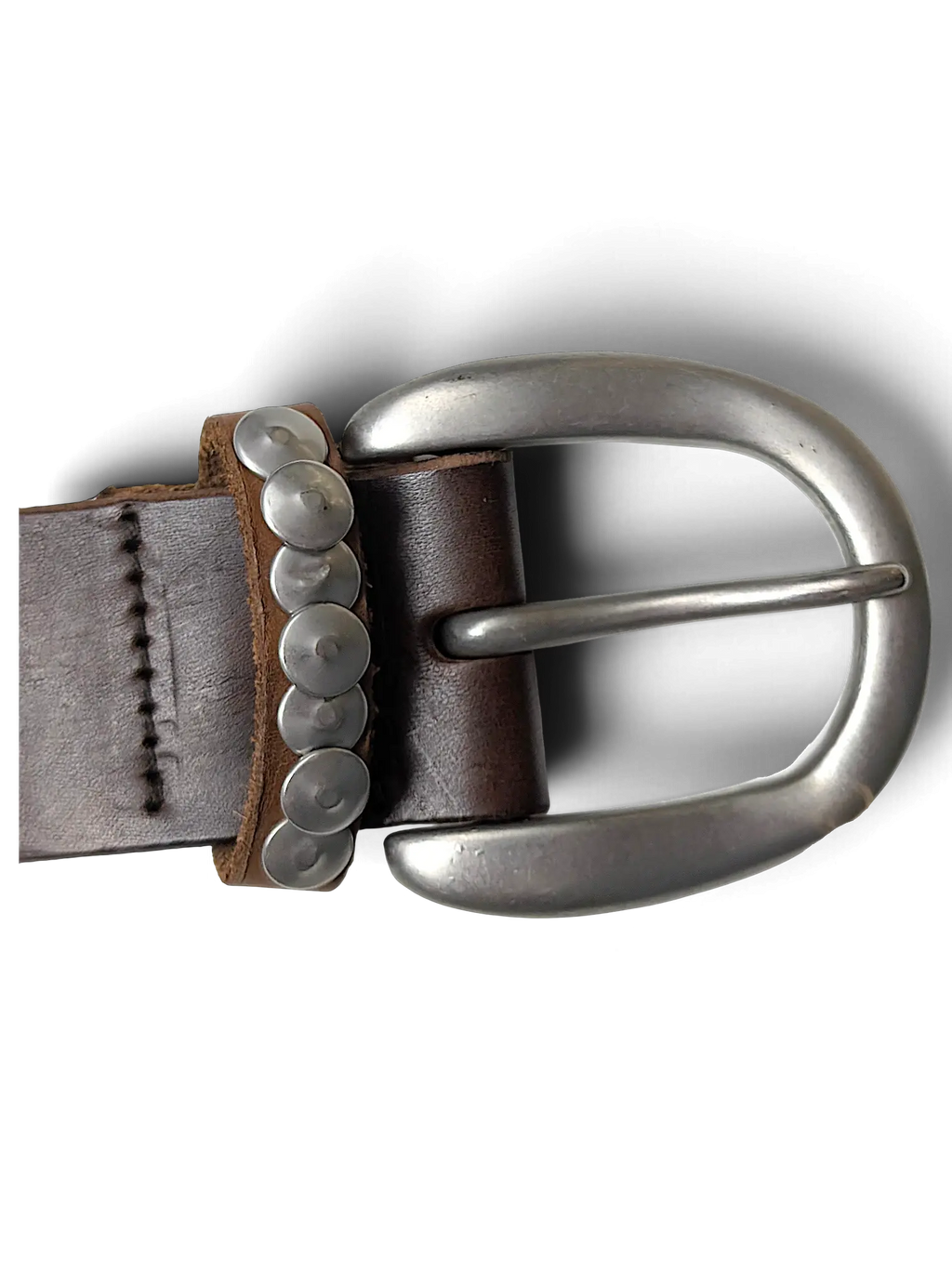 JAKE & IPI brown leather belt featuring a large brushed silver oval buckle and decorative metal stud detailing.