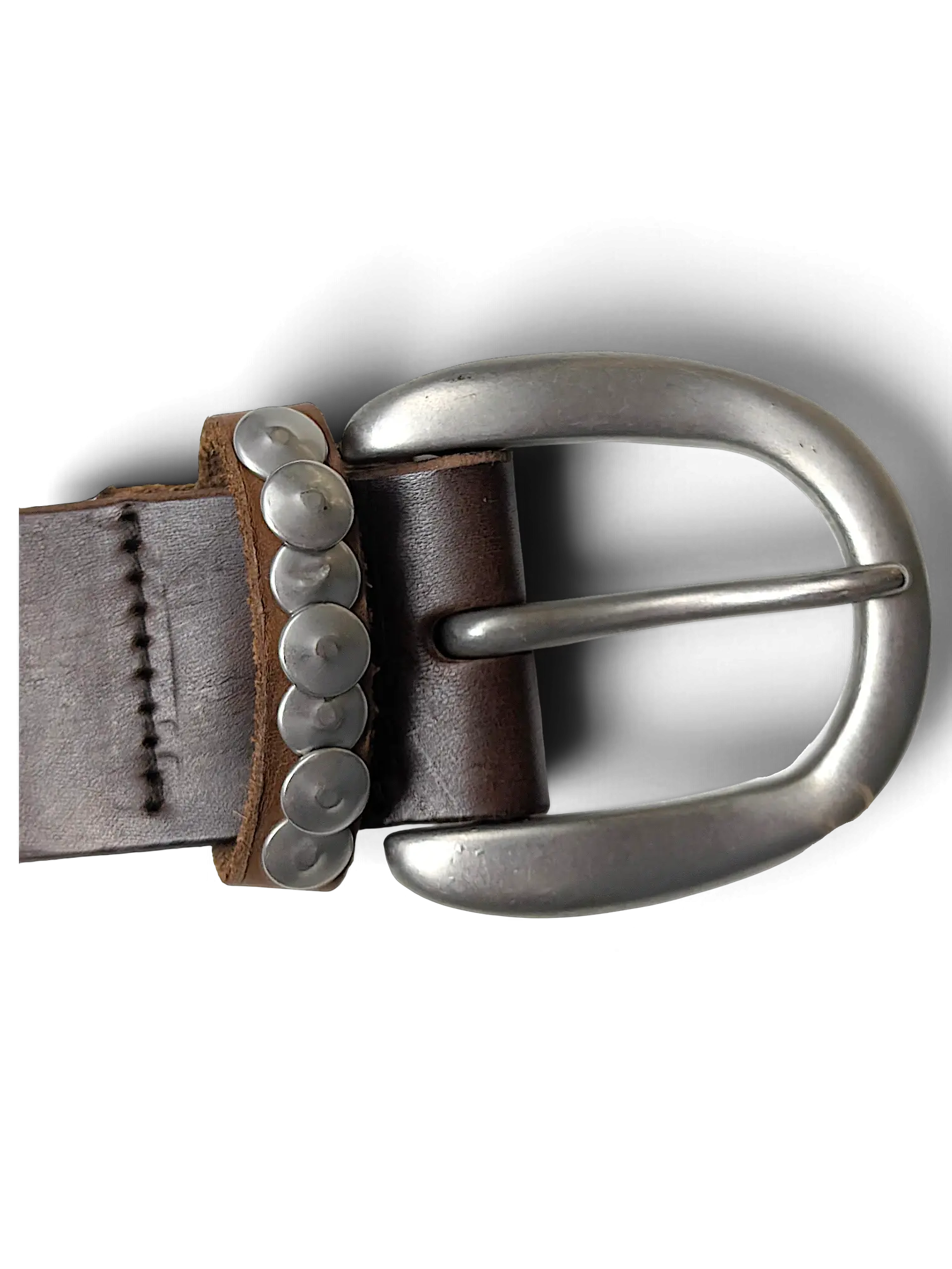 JAKE & IPI brown leather belt featuring a large brushed silver oval buckle and decorative metal stud detailing.