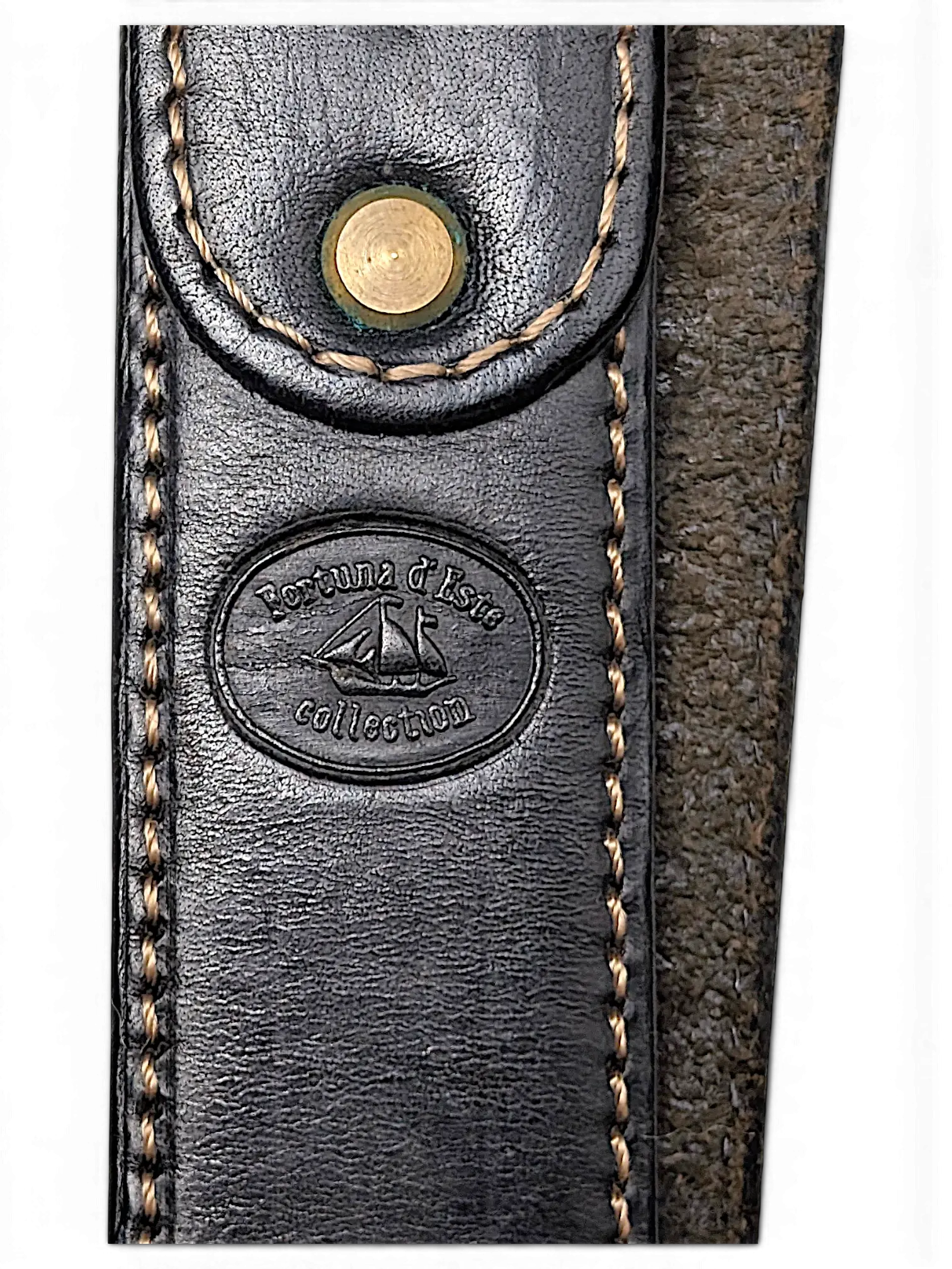 JAKE & IPI dark brown leather belt featuring a Fortuna d'Iste collection embossed logo and brass stud detail