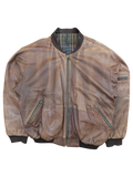 JAKE & IPI brown distressed leather bomber jacket with plaid lining and zippered pockets.