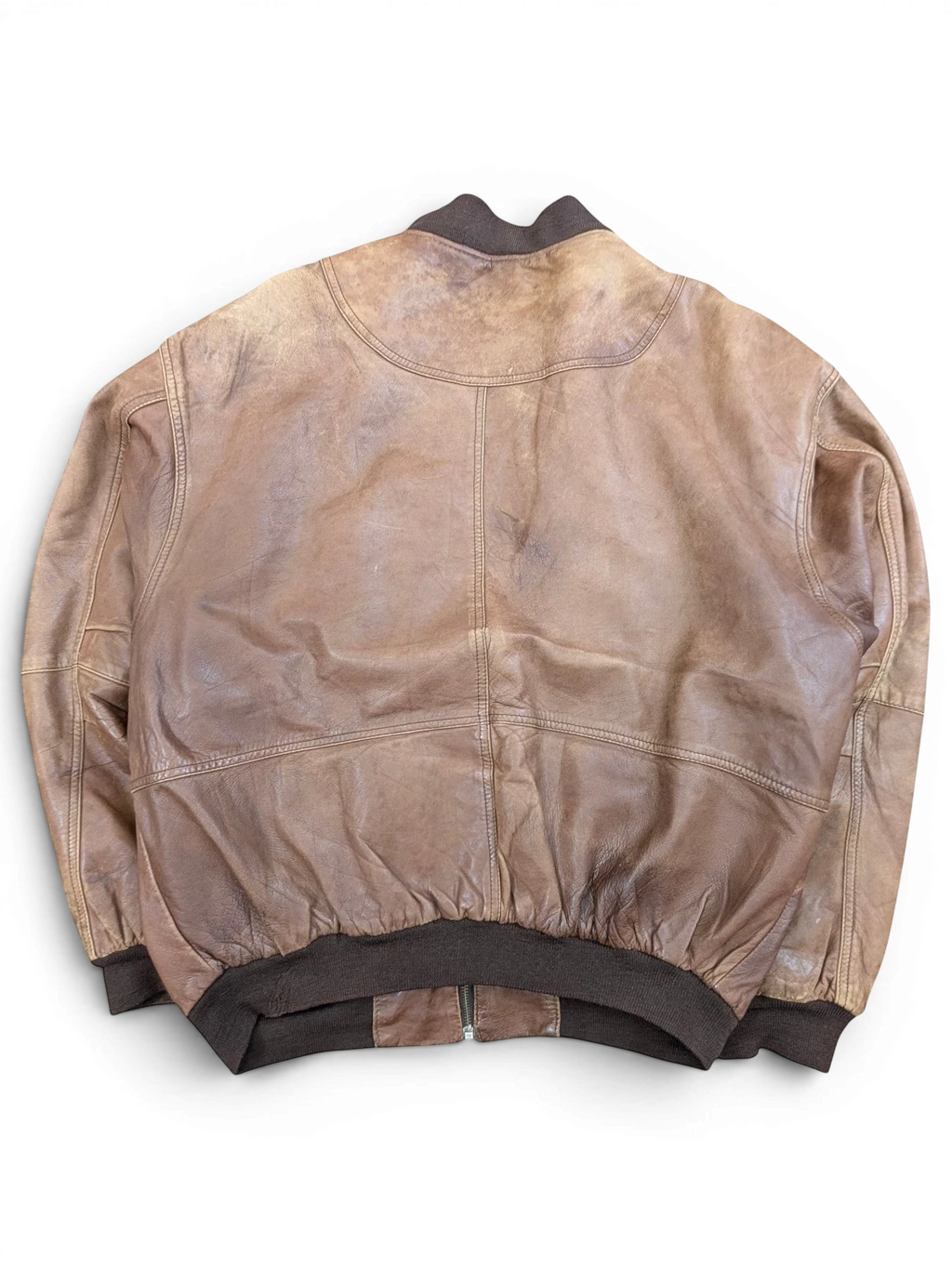 JAKE & IPI brown distressed leather bomber jacket with ribbed cuffs and collar.