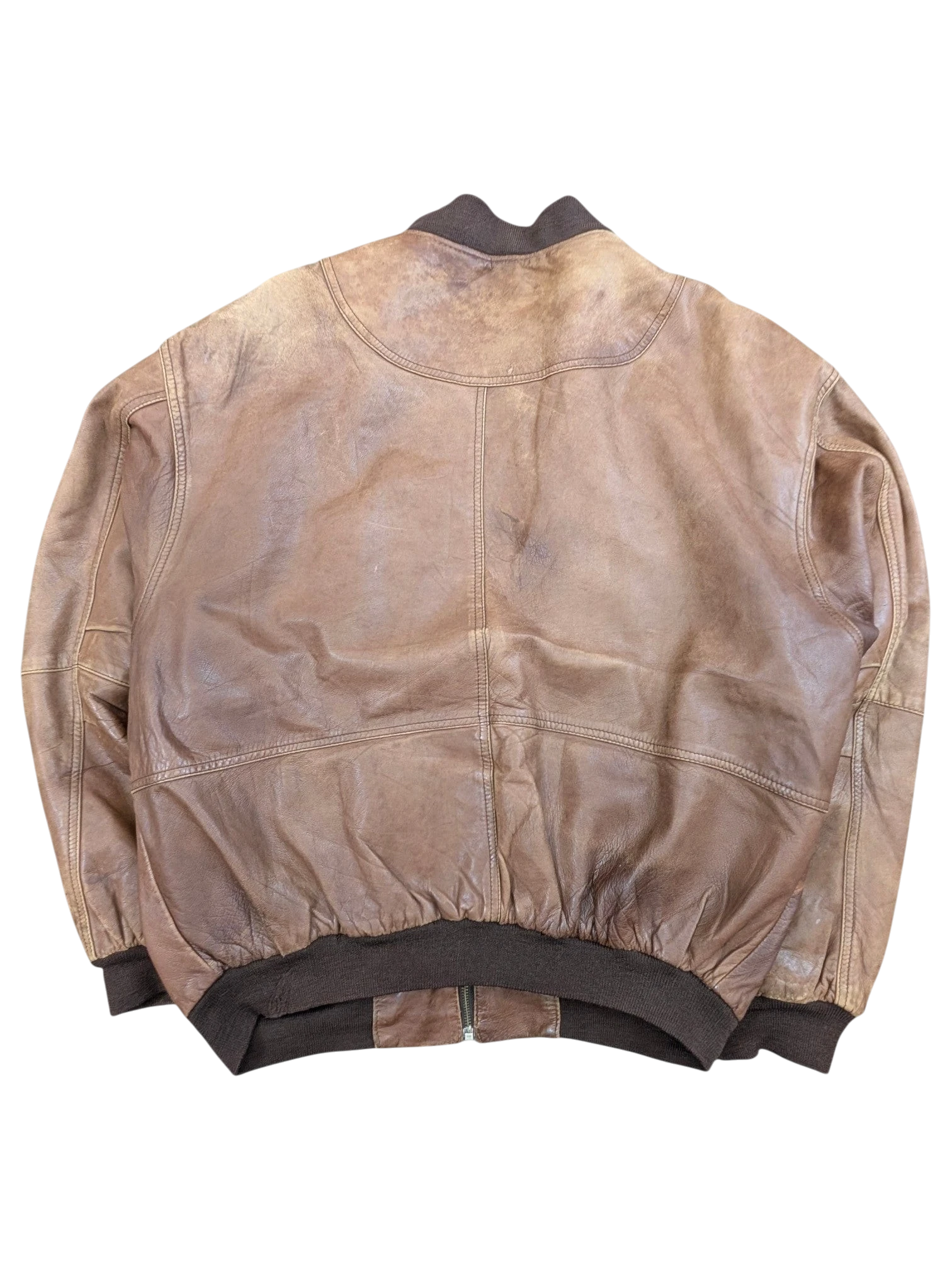 JAKE & IPI brown distressed leather bomber jacket with ribbed cuffs and collar.
