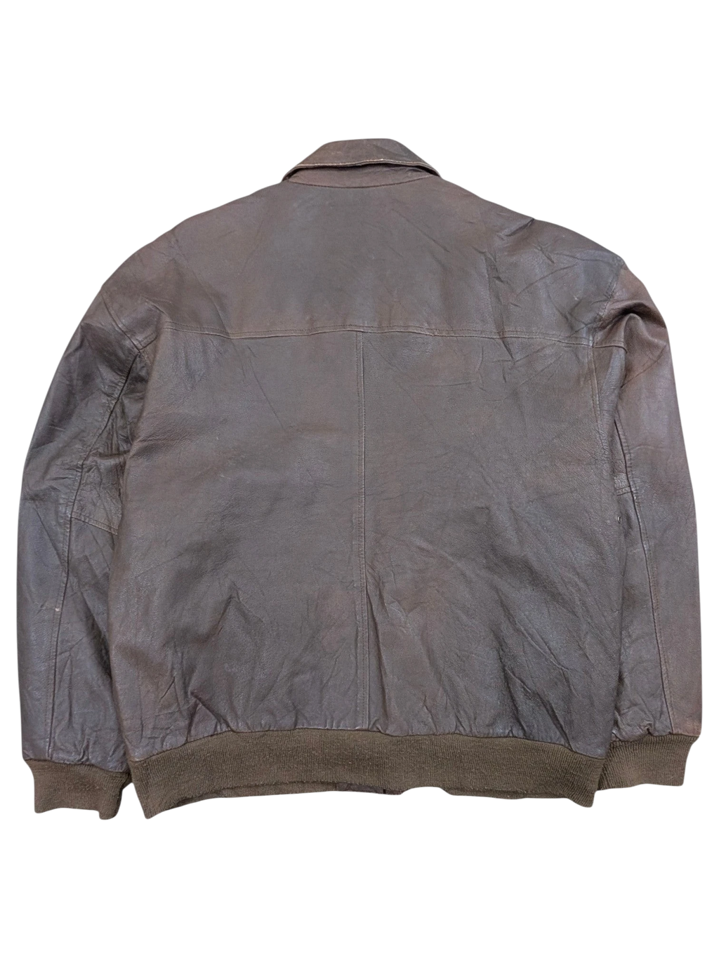 JAKE & IPI brown leather bomber jacket with ribbed cuffs and hem. Classic collar.