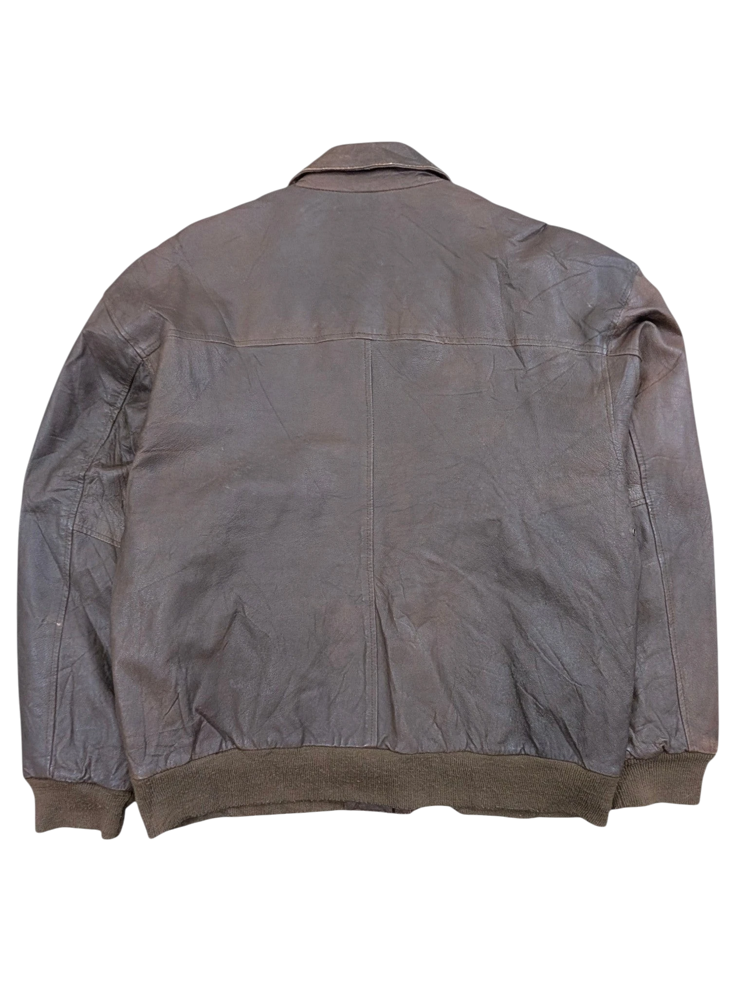 JAKE & IPI brown leather bomber jacket with ribbed cuffs and hem. Classic collar.