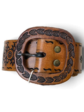 JAKE & IPI brown leather belt featuring an ornate embossed buckle with leaf patterns and intricate side detailing.