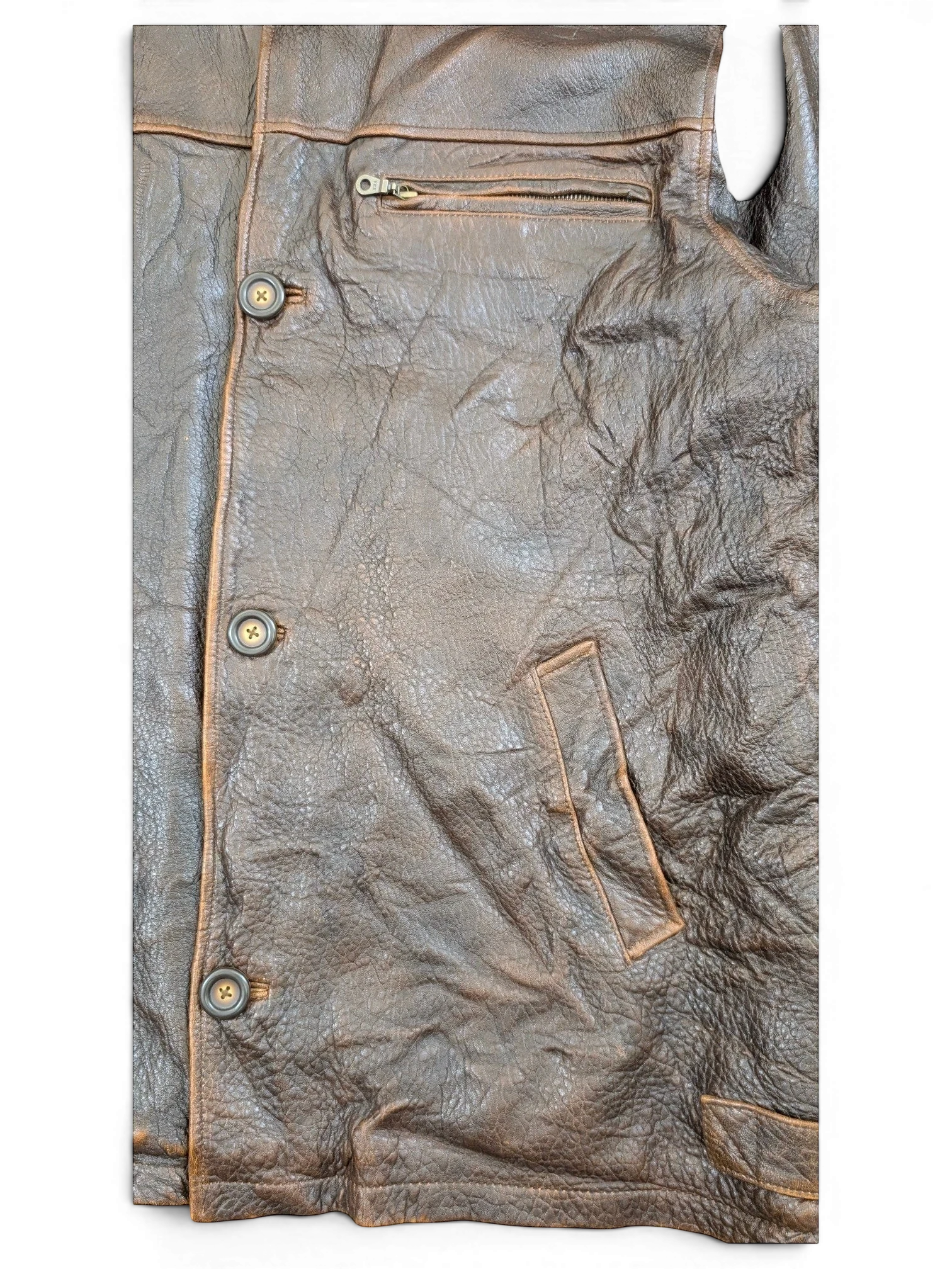 JAKE & IPI brown distressed leather jacket with button closure and zippered chest pocket.