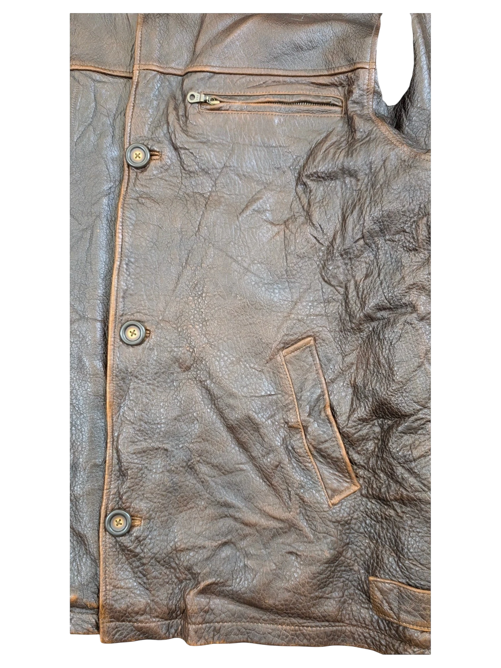 JAKE & IPI brown distressed leather jacket with button closure and zippered chest pocket.