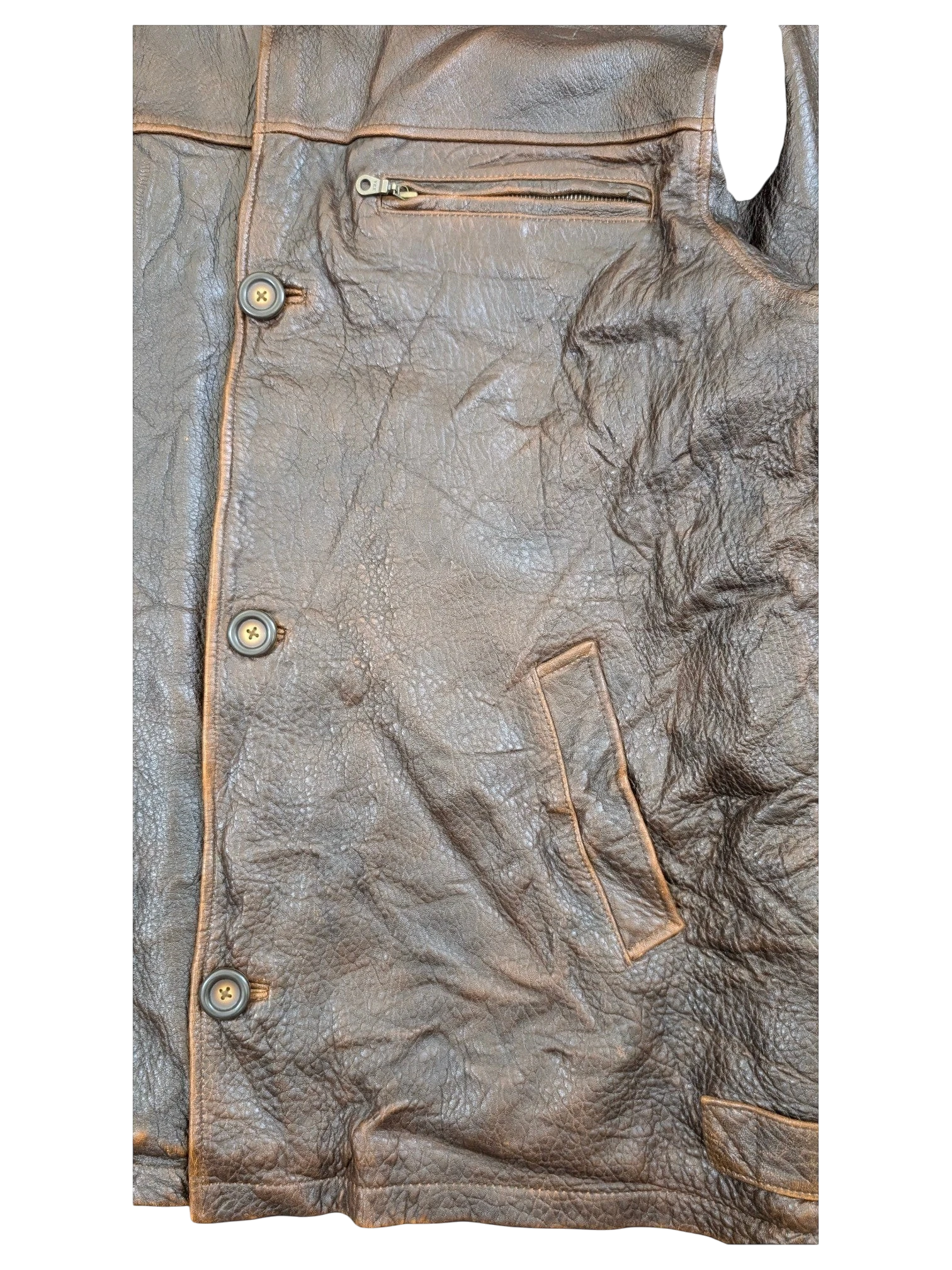 JAKE & IPI brown distressed leather jacket with button closure and zippered chest pocket.