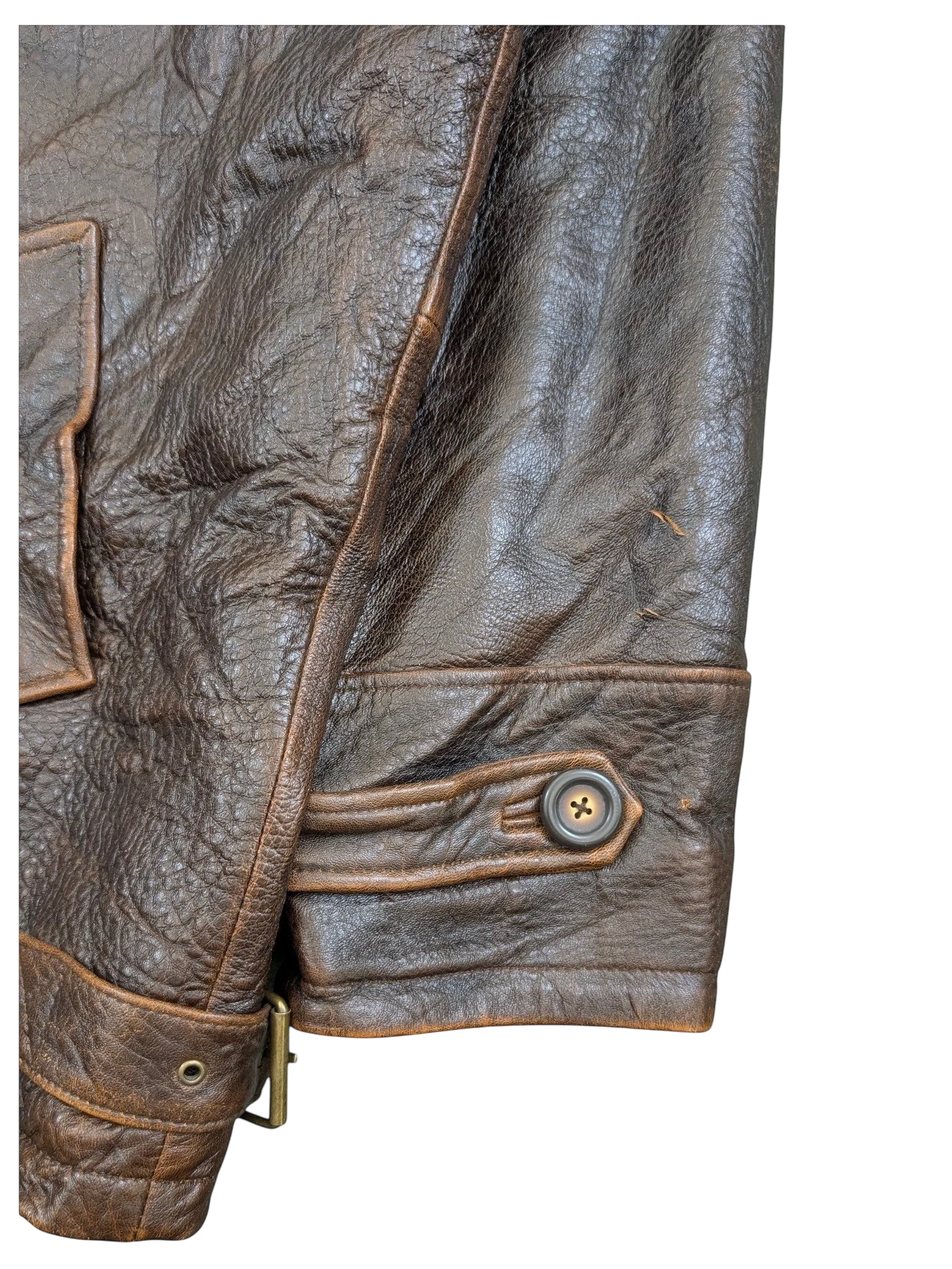 JAKE & IPI brown distressed leather jacket with button detail on cuff and adjustable buckle at hem.