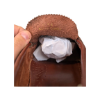 JAKE & IPI brown leather loafer interior showing raw suede lining and gold embossed size detail