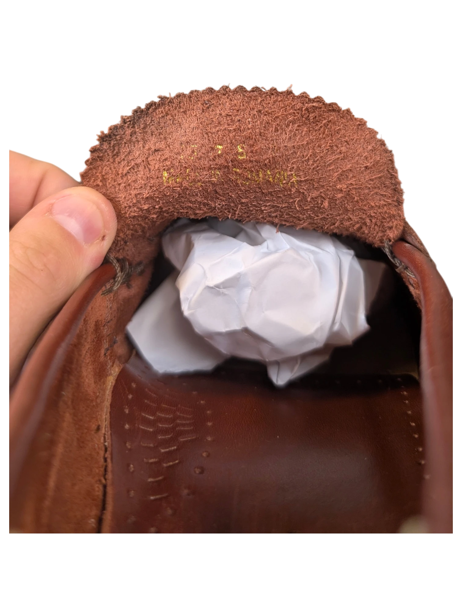 JAKE & IPI brown leather loafer interior showing raw suede lining and gold embossed size detail