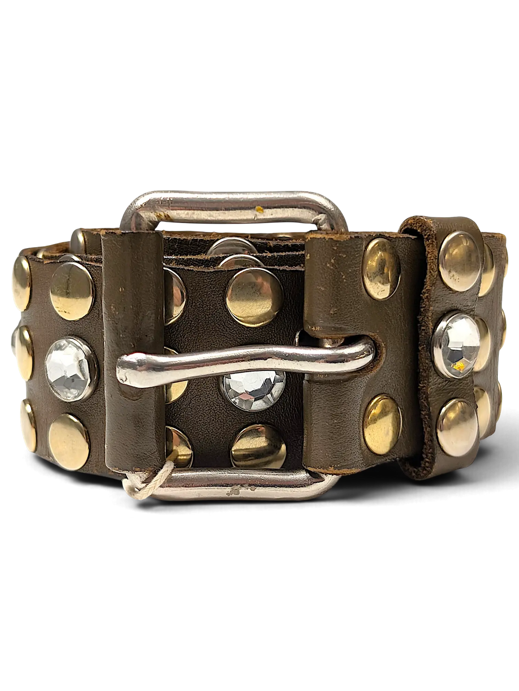 JAKE & IPI brown leather Y2K belt featuring silver metal studs and clear crystal embellishments