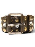 JAKE & IPI brown leather Y2K belt featuring silver metal studs and clear crystal embellishments