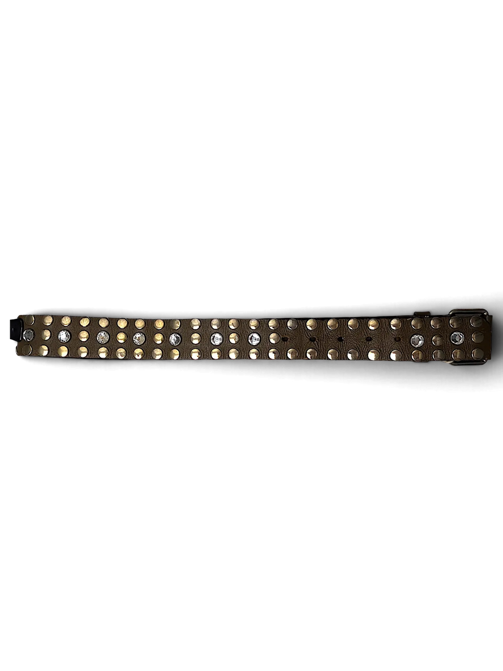JAKE & IPI brown leather belt featuring rows of gold studs and clear crystal embellishments in a Y2K style