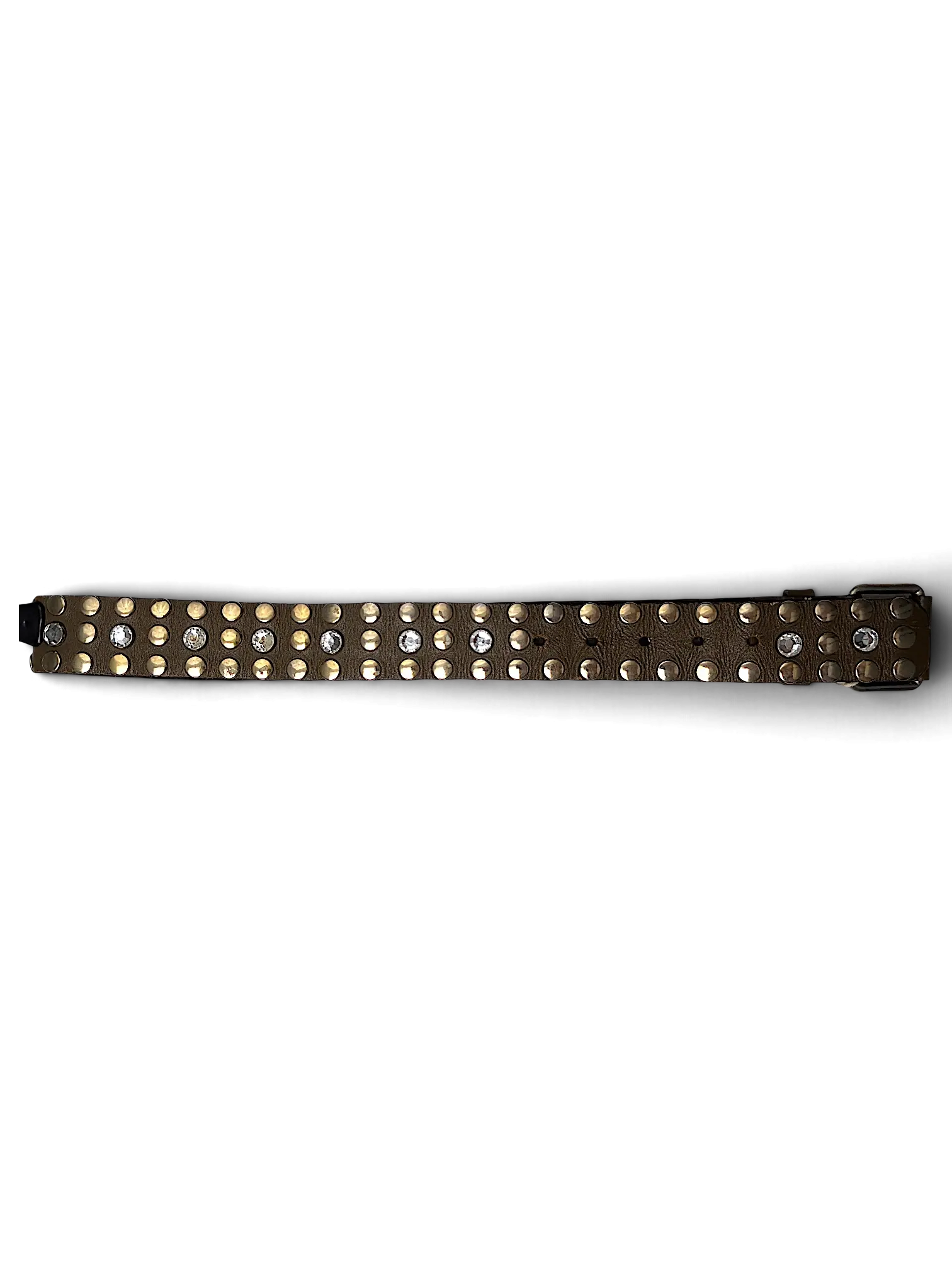 JAKE & IPI brown leather belt featuring rows of gold studs and clear crystal embellishments in a Y2K style