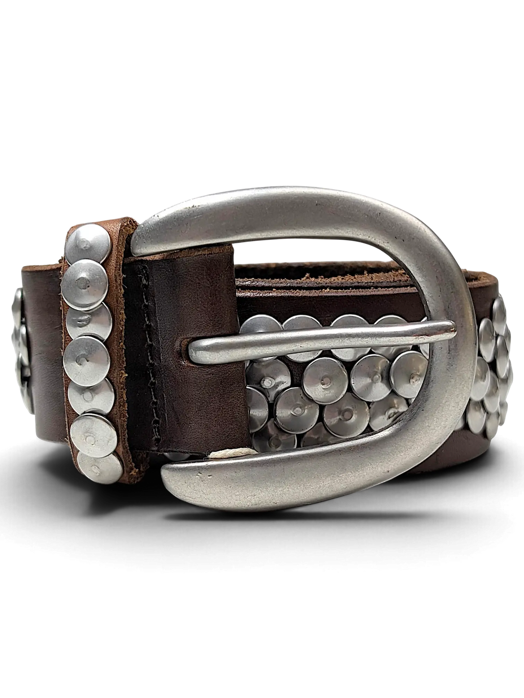 JAKE & IPI brown leather belt featuring a large silver buckle and decorative metal studs