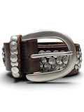 JAKE & IPI brown leather belt featuring a large silver buckle and decorative metal studs