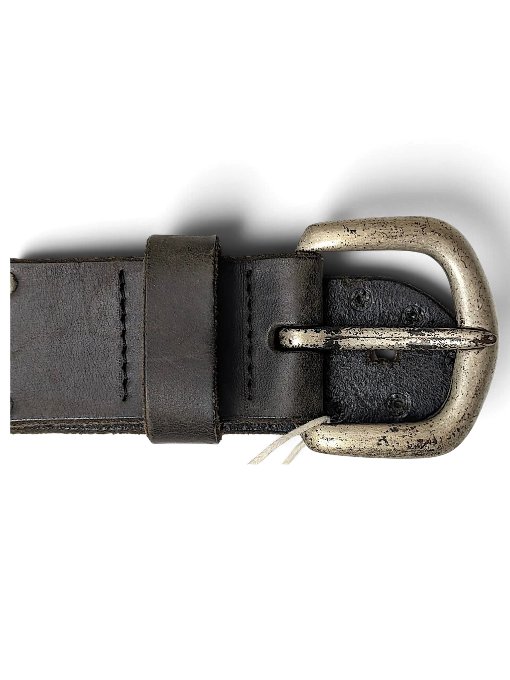 JAKE & IPI brown leather belt featuring a distressed silver-tone metal buckle and classic studded design