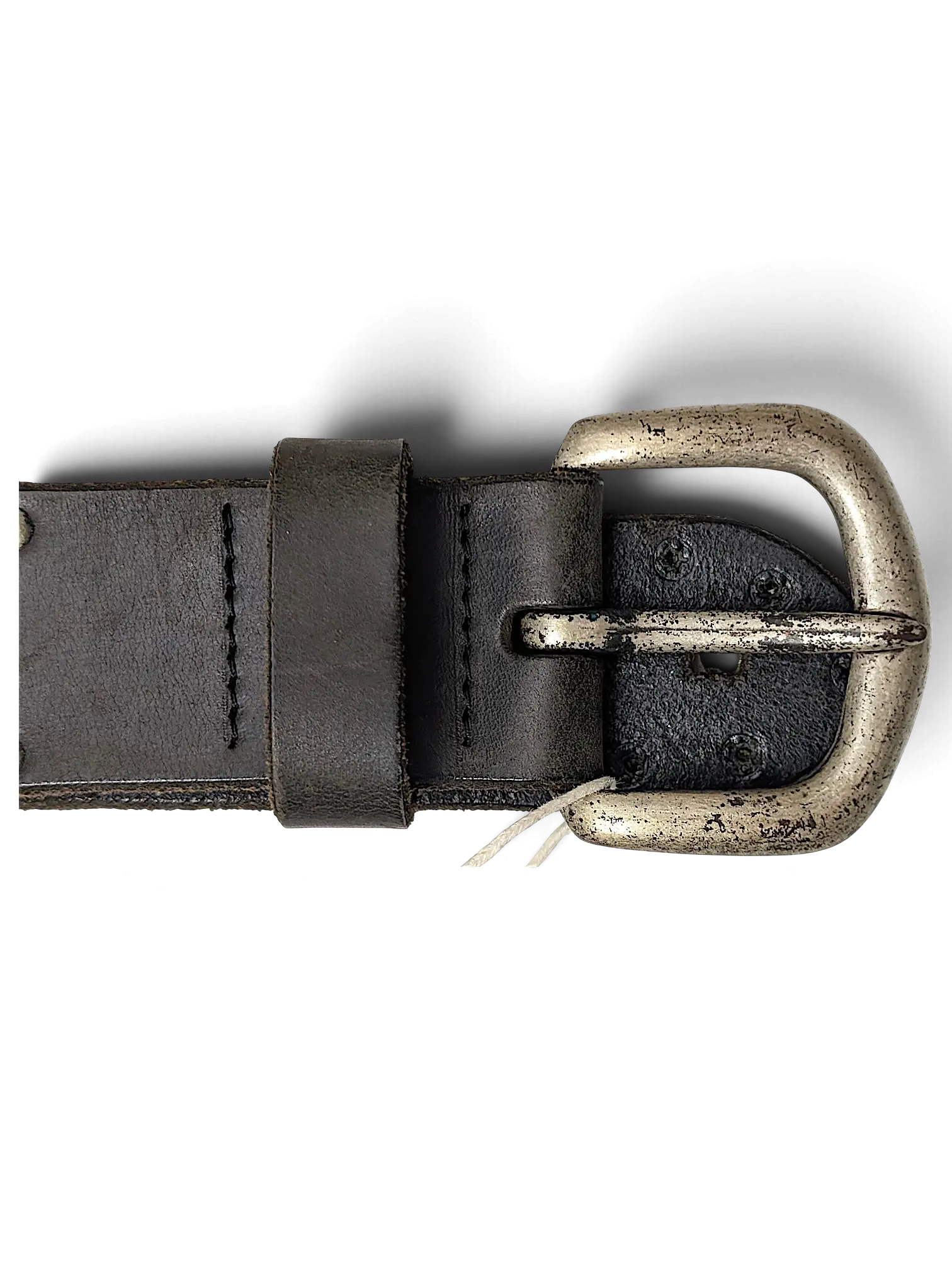 JAKE & IPI brown leather belt featuring a distressed silver-tone metal buckle and classic studded design