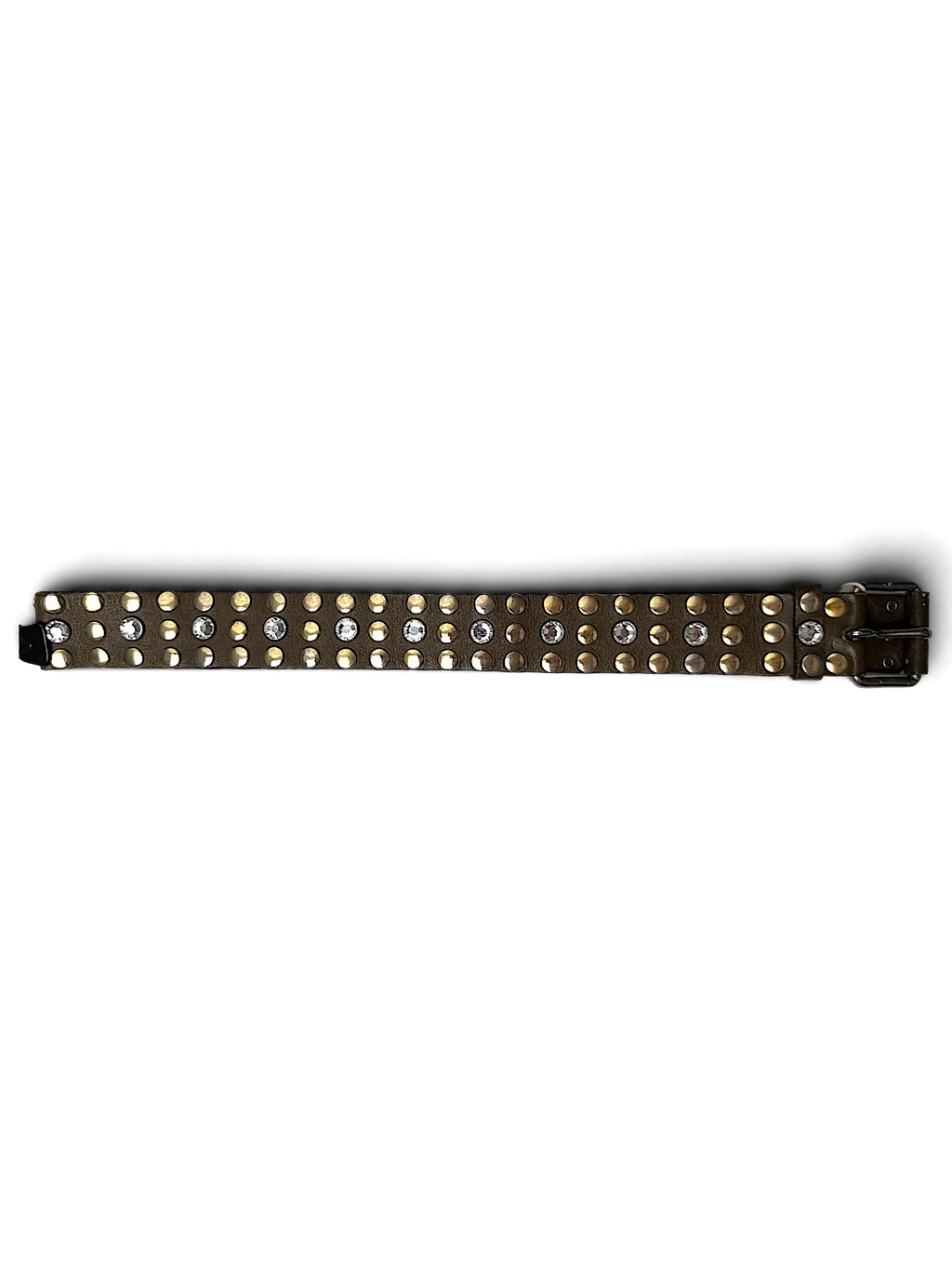 JAKE & IPI brown Y2K style belt featuring rows of gold studs and clear rhinestone accents with a metal buckle