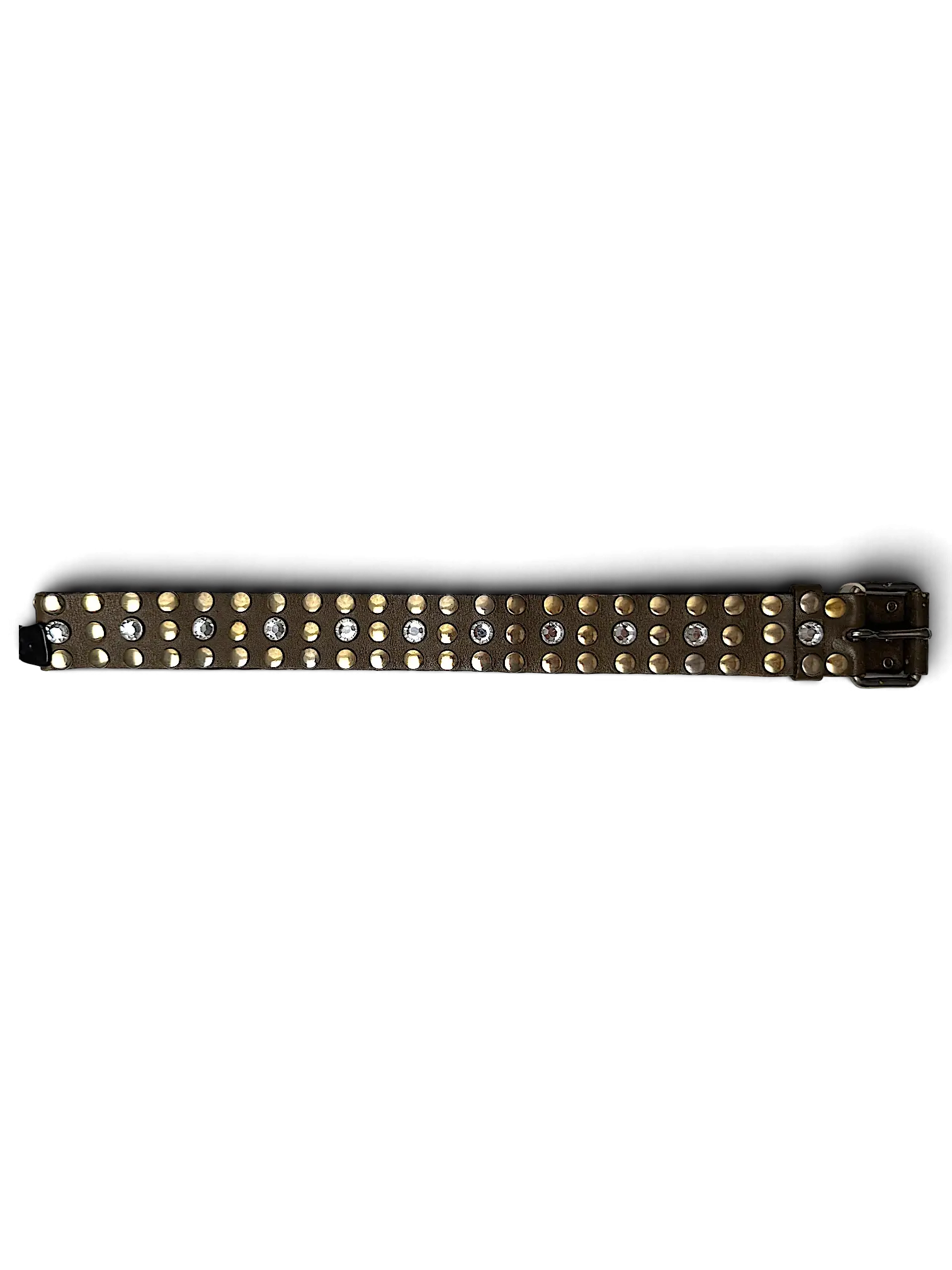 JAKE & IPI brown Y2K style belt featuring rows of gold studs and clear rhinestone accents with a metal buckle