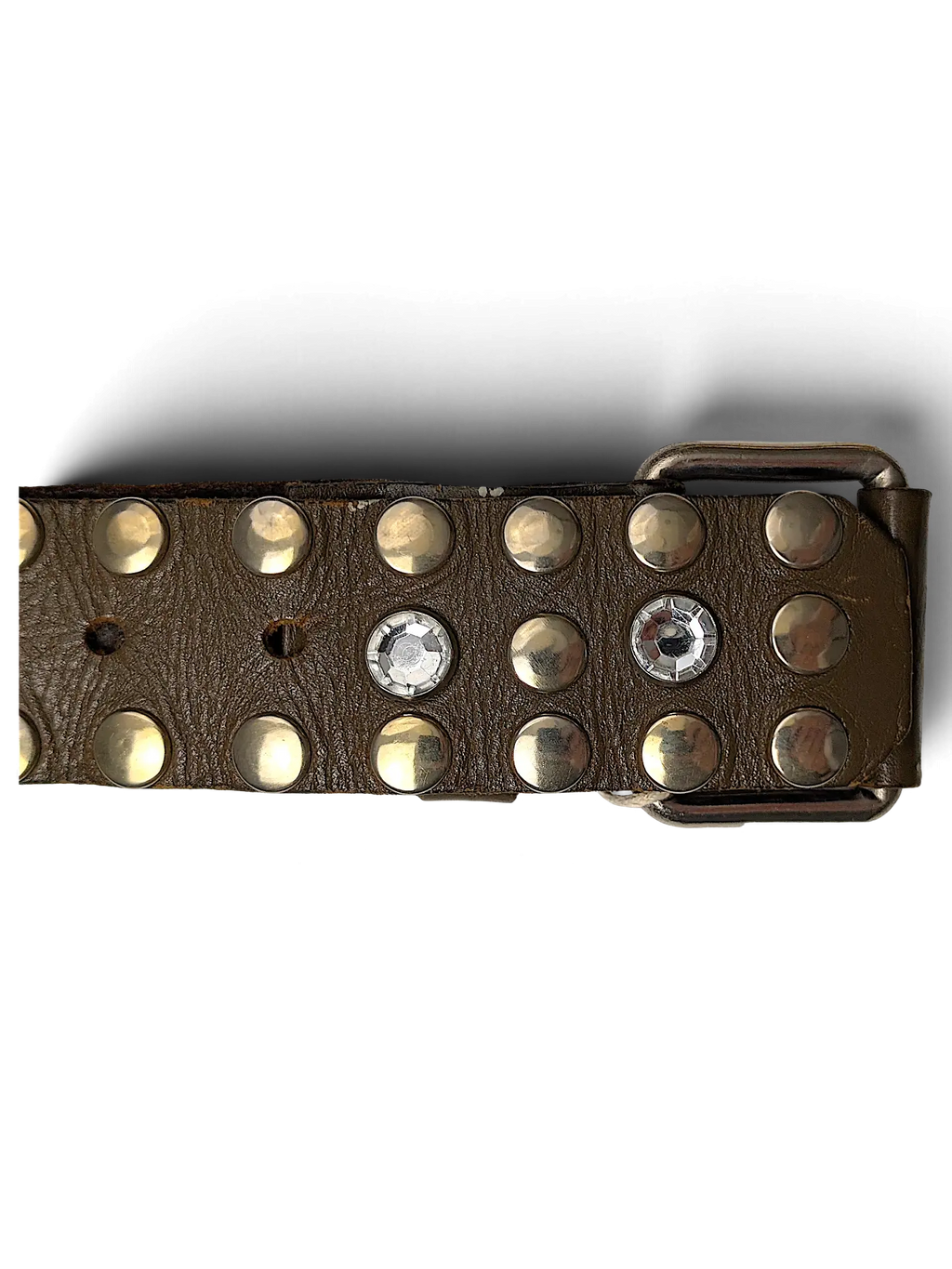 JAKE & IPI brown leather Y2K belt featuring silver metal studs and clear rhinestone accents with a metal buckle
