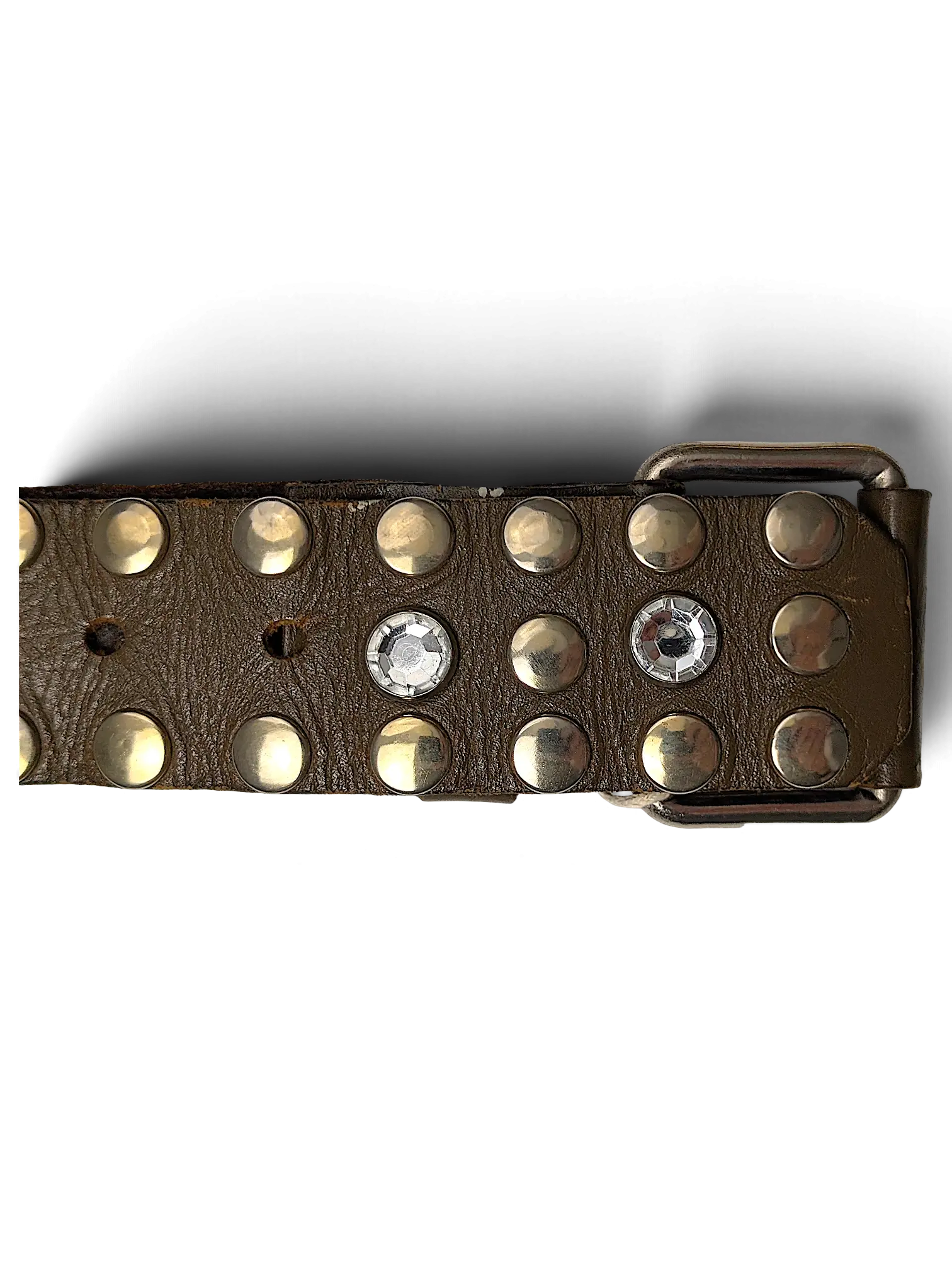 JAKE & IPI brown leather Y2K belt featuring silver metal studs and clear rhinestone accents with a metal buckle