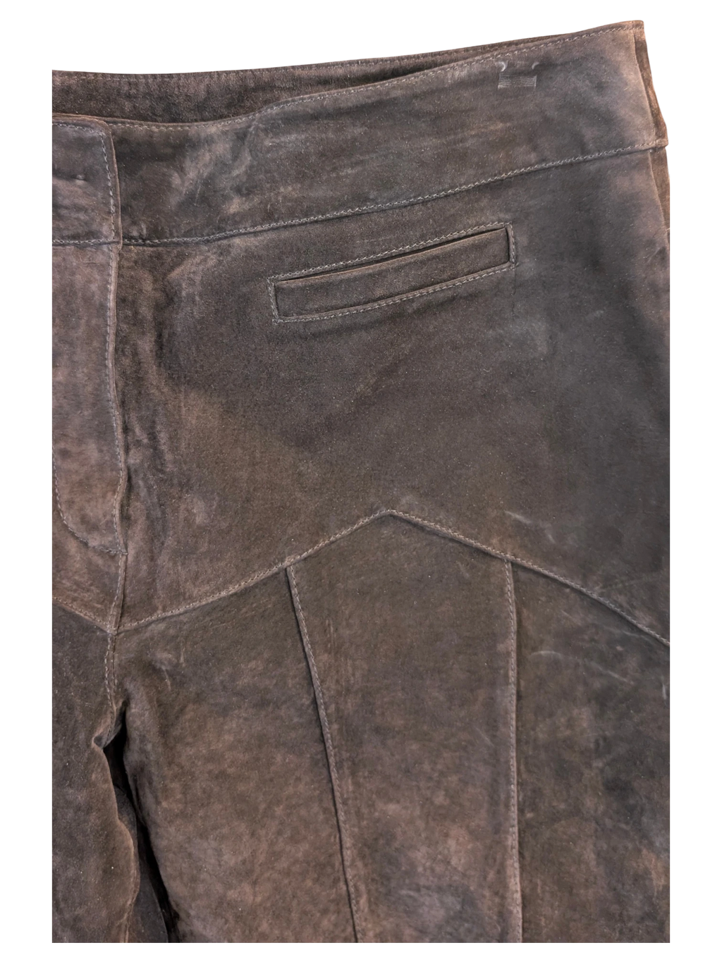 JAKE & IPI vintage dark brown suede leather trousers featuring panelled seam detailing and a back welt pocket.