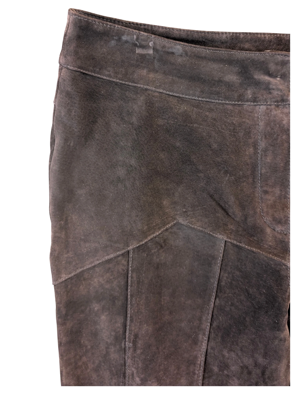 JAKE & IPI vintage dark brown suede leather trousers featuring panelled seam detailing and a soft textured finish.