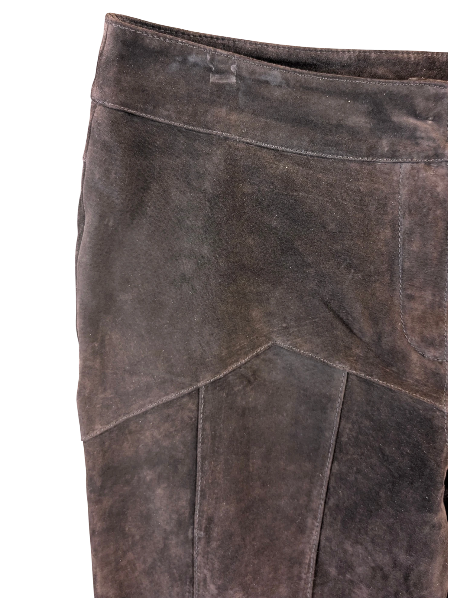 JAKE & IPI vintage dark brown suede leather trousers featuring panelled seam detailing and a soft textured finish.