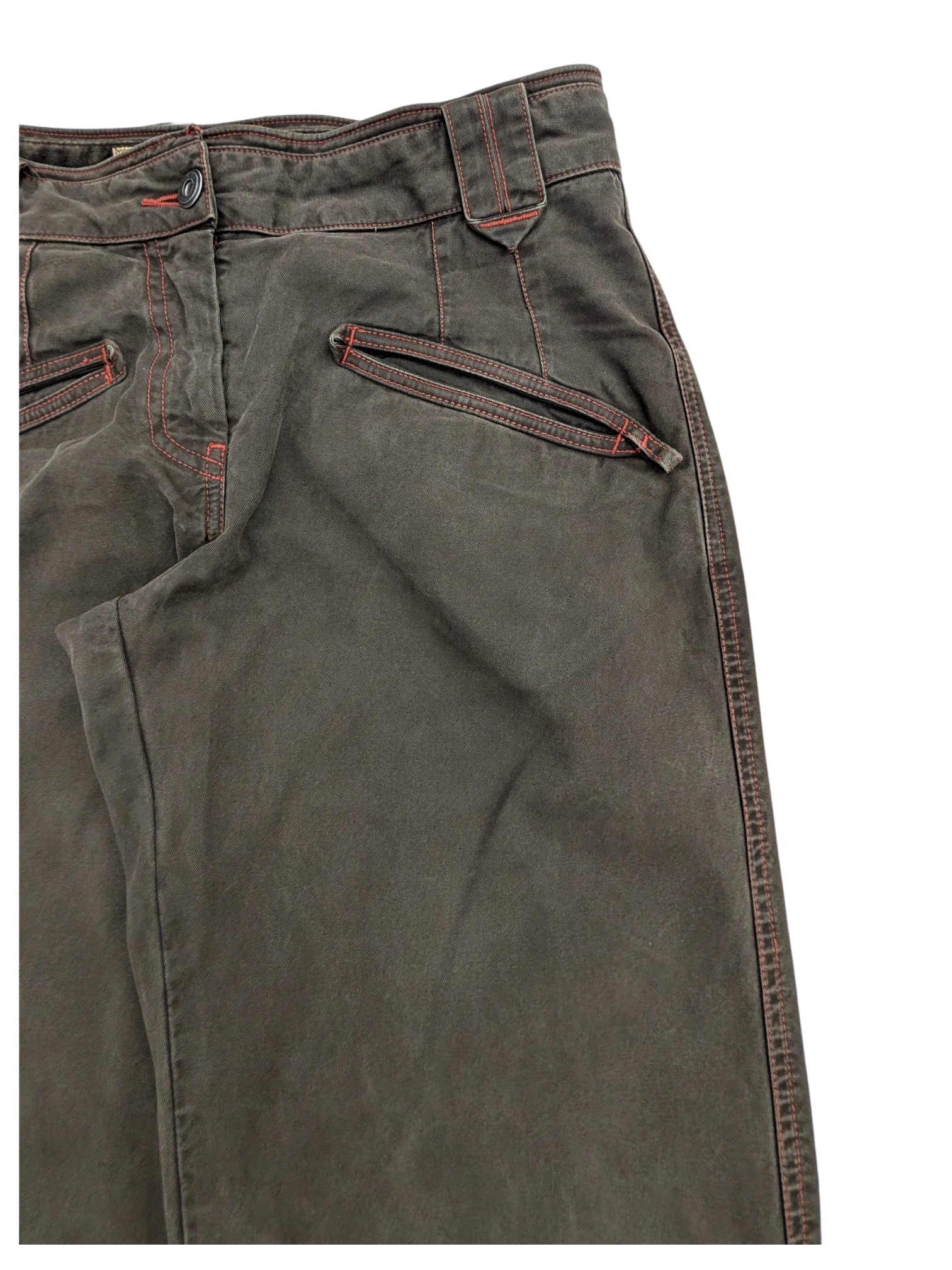 JAKE & IPI dark brown cargo pants with orange contrast stitching and button fly.