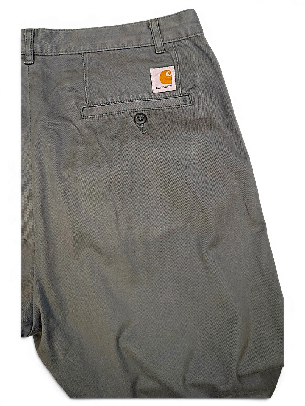 JAKE & IPI Carhartt Salford work pants in faded green cotton with a back pocket logo patch
