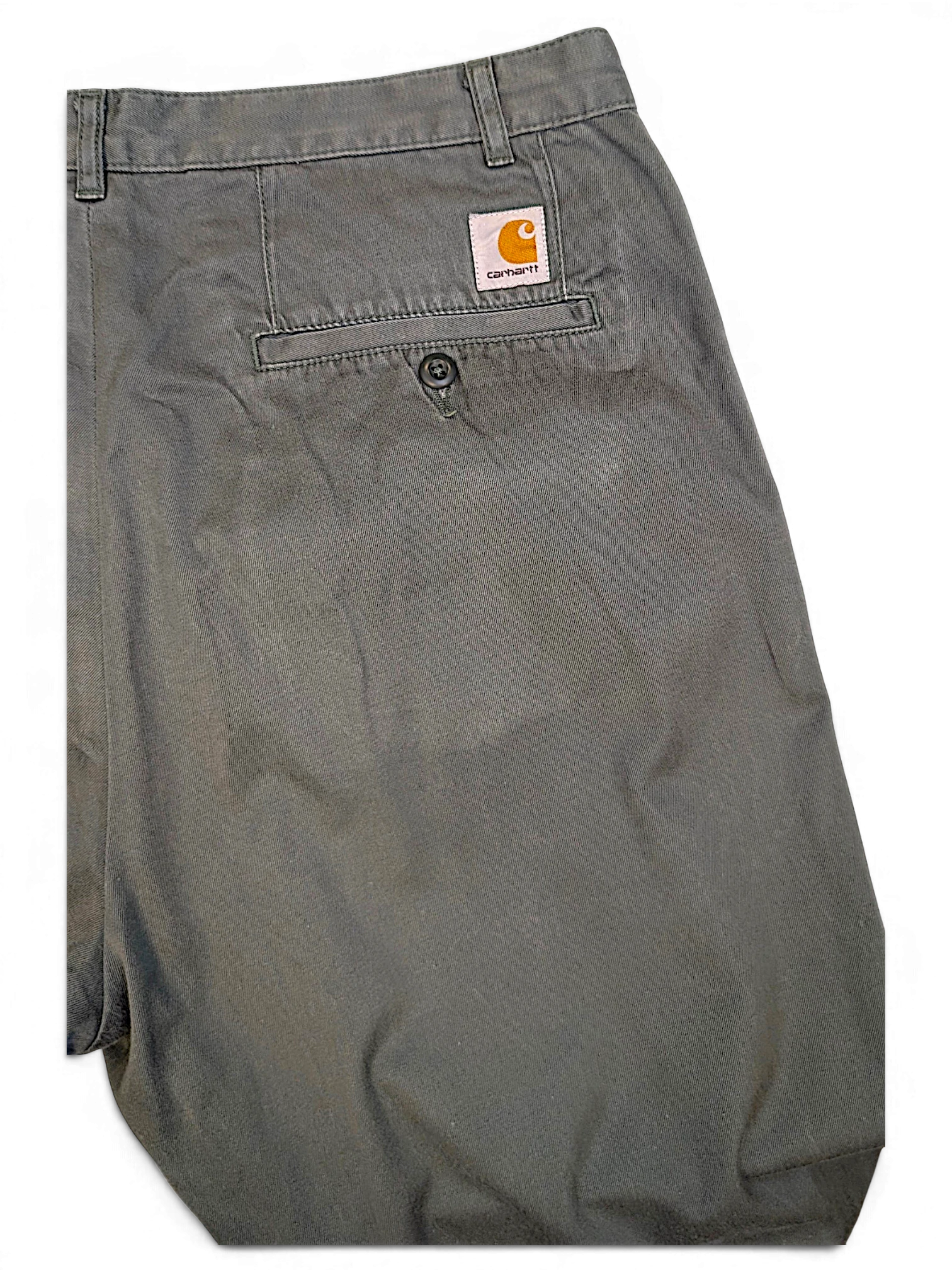 JAKE & IPI Carhartt Salford work pants in faded green cotton with a back pocket logo patch