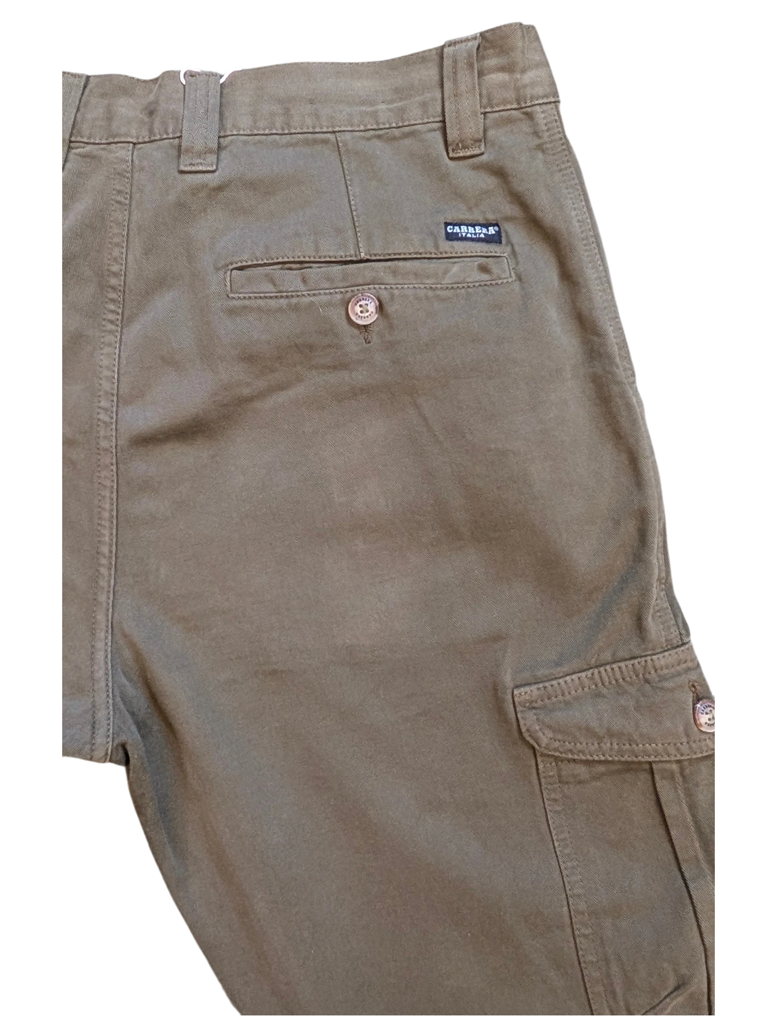 JAKE & IPI Carrera cargo pants in olive green cotton with button closure and flap pockets. Size IT 46.