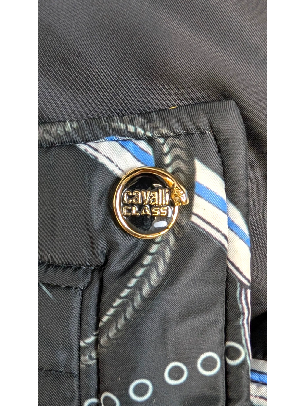 JAKE & IPI Cavalli Class black quilted cropped jacket with chain and snake print, gold logo buttons.