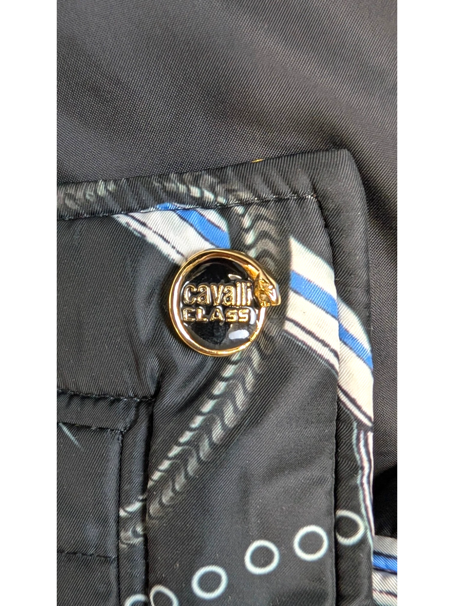 JAKE & IPI Cavalli Class black quilted cropped jacket with chain and snake print, gold logo buttons.
