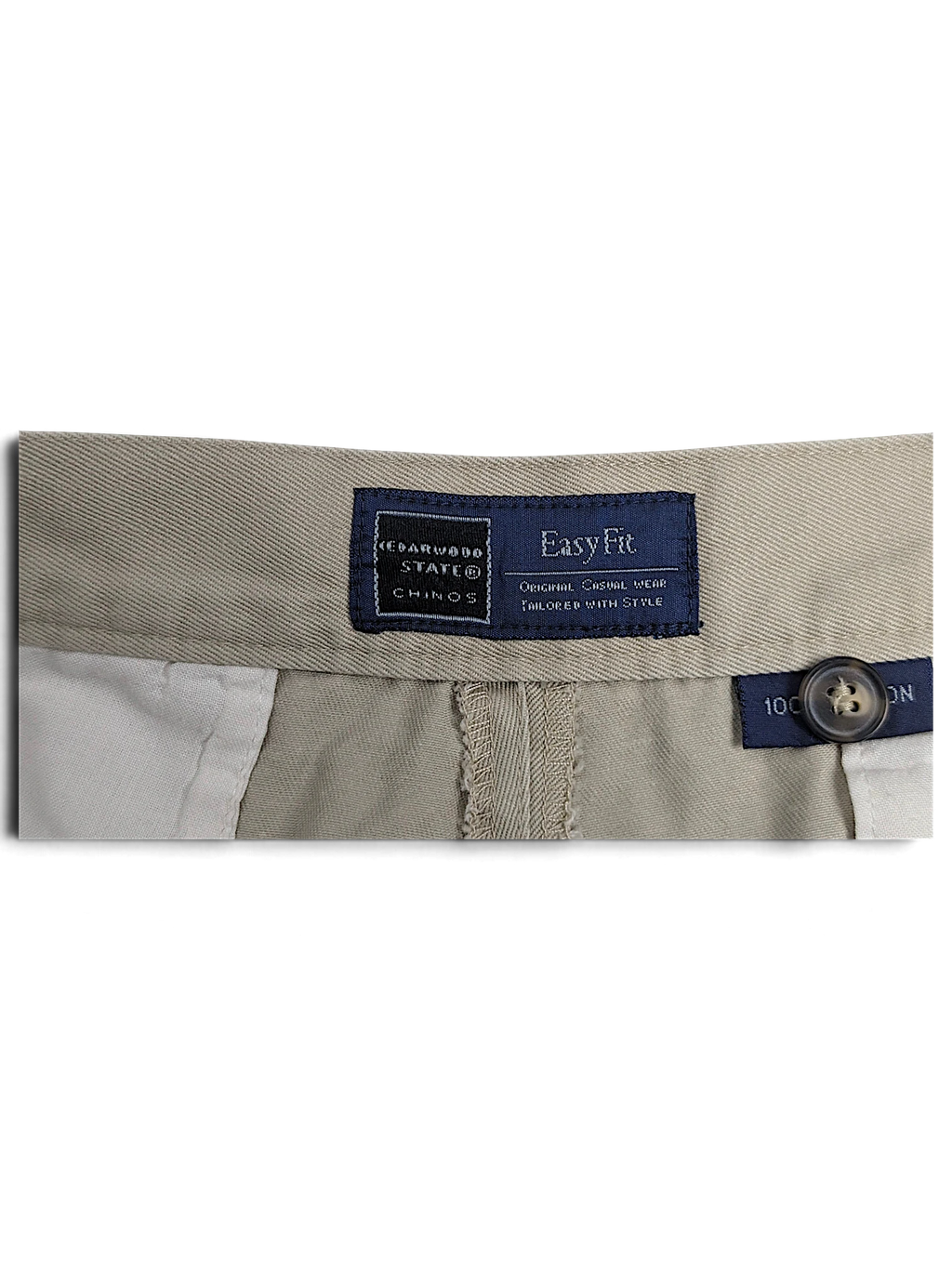 JAKE & IPI Cedarwood State beige cotton trousers interior waistband label and button detail