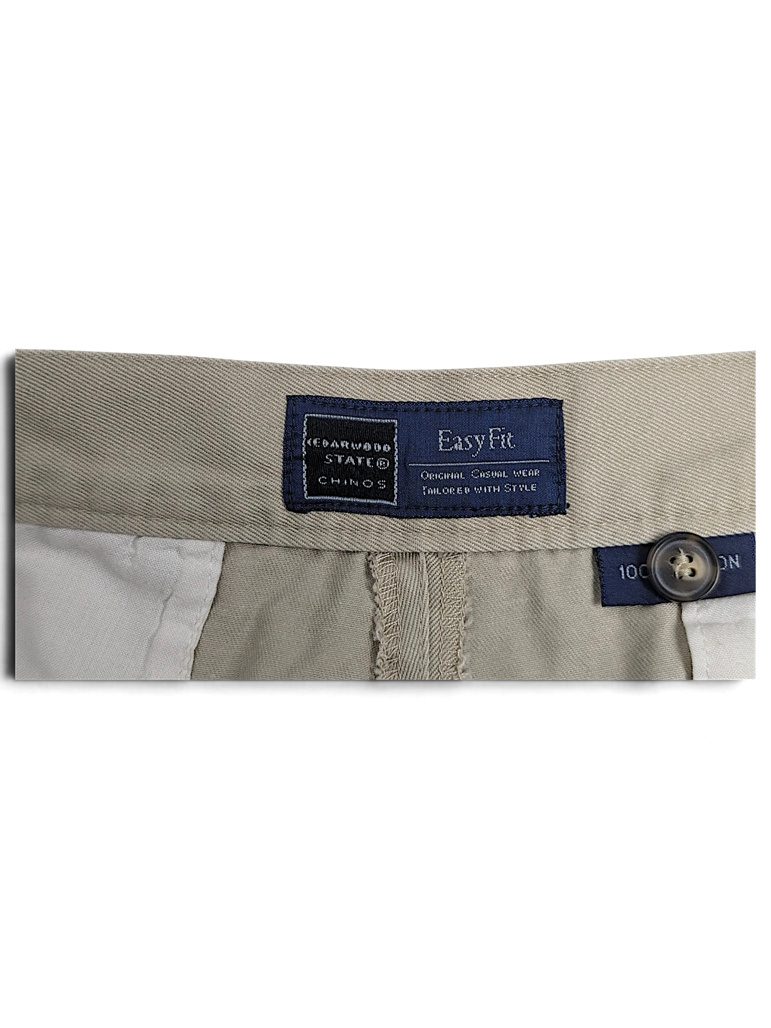 JAKE & IPI Cedarwood State beige cotton trousers interior waistband label and button detail